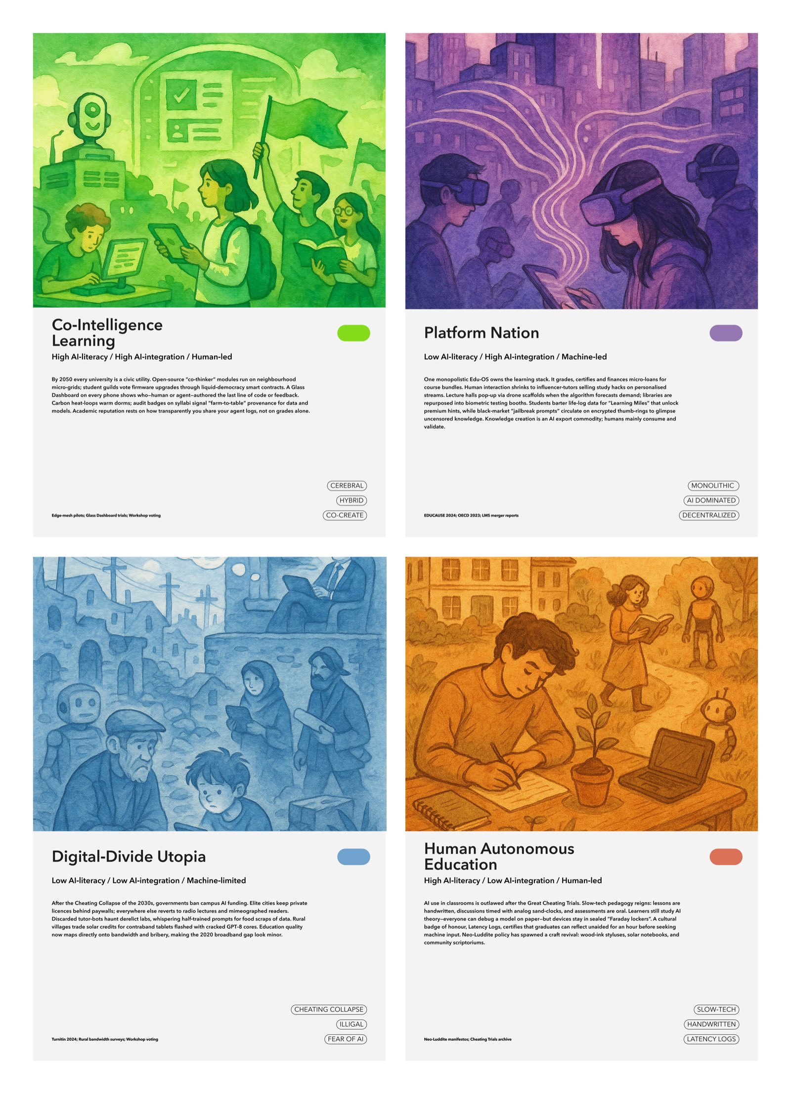 Four plausible 2050 scenarios for AI in education, a focused futures grid that turns the research flow into concrete learning contexts.