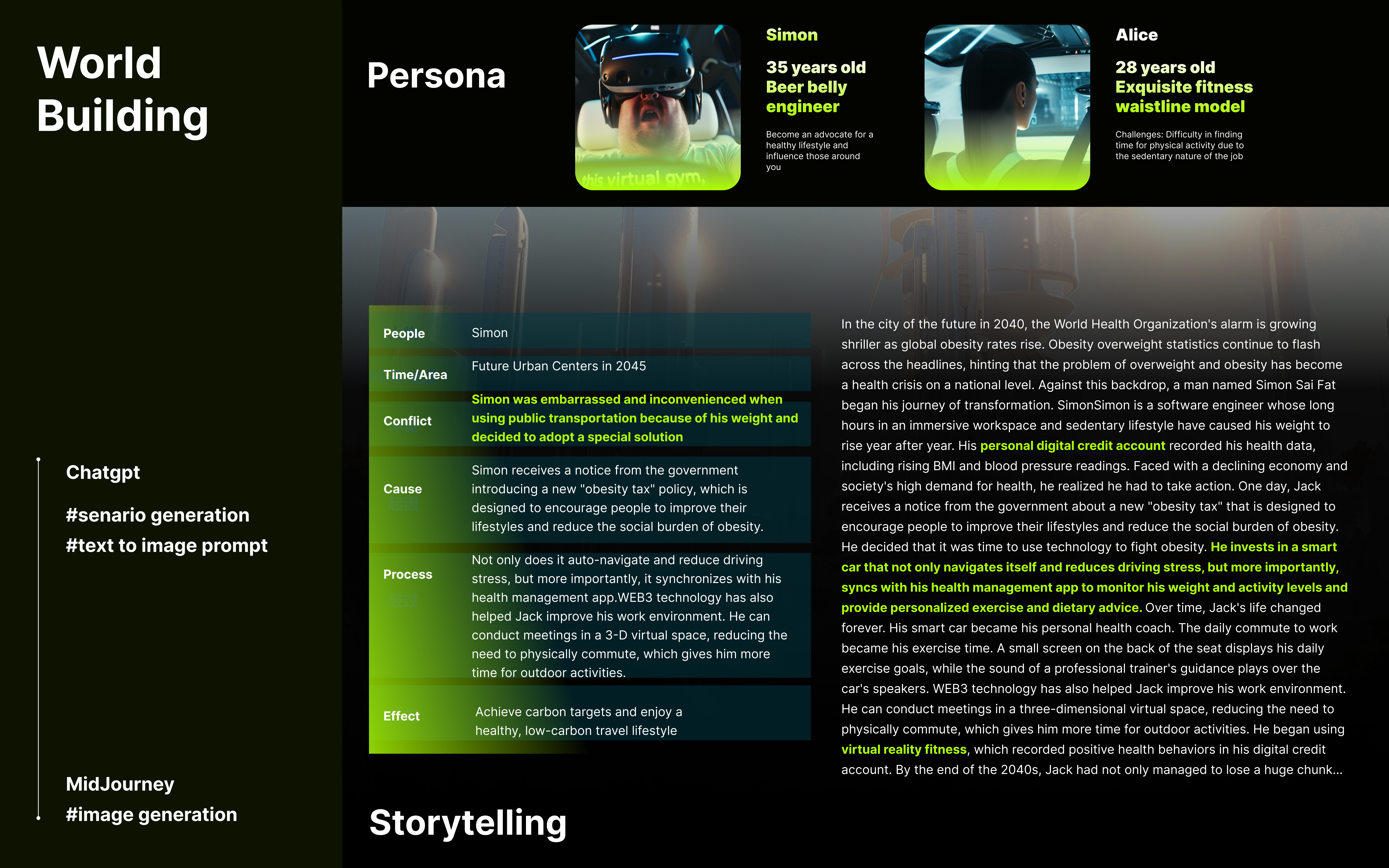 World building. Two personas carry the scenario, making the future mobility system easier to evaluate as lived experience.