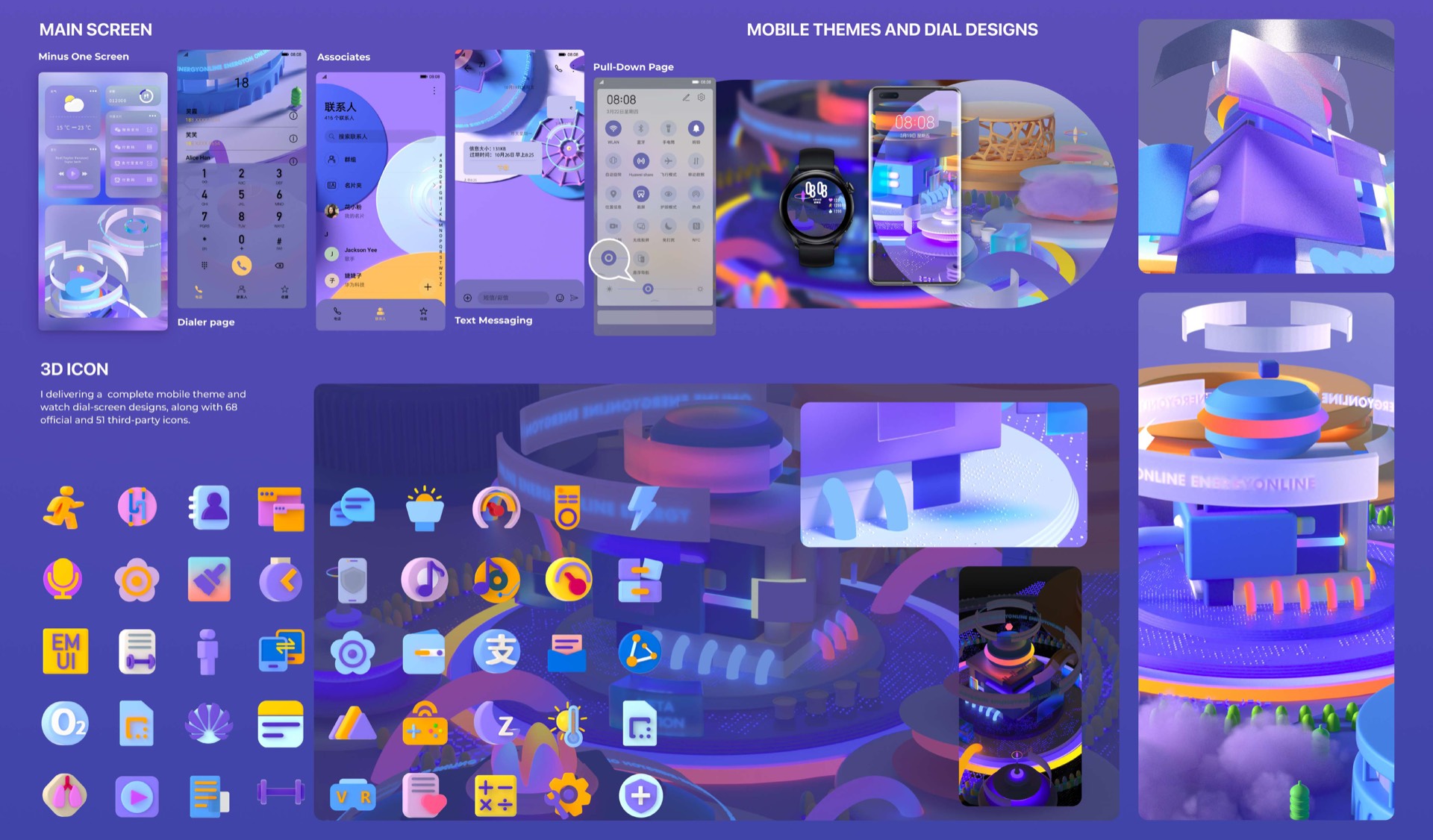 3D scene system, lockscreen interaction (anecdote-pressing + swipeable POV), day-and-night mode, multiple wallpaper variants, and the weather-icon family.