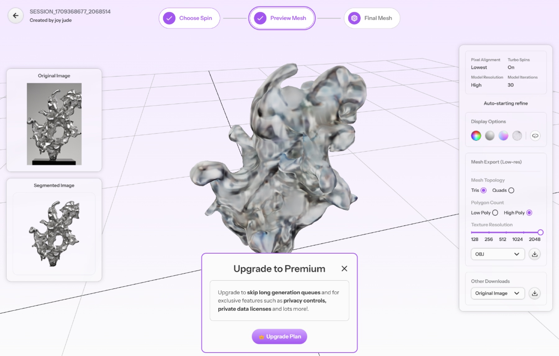 CSM 3D Viewer process evidence: original image, segmented image, mesh preview, texture resolution, topology, and OBJ export controls in one platform UI.