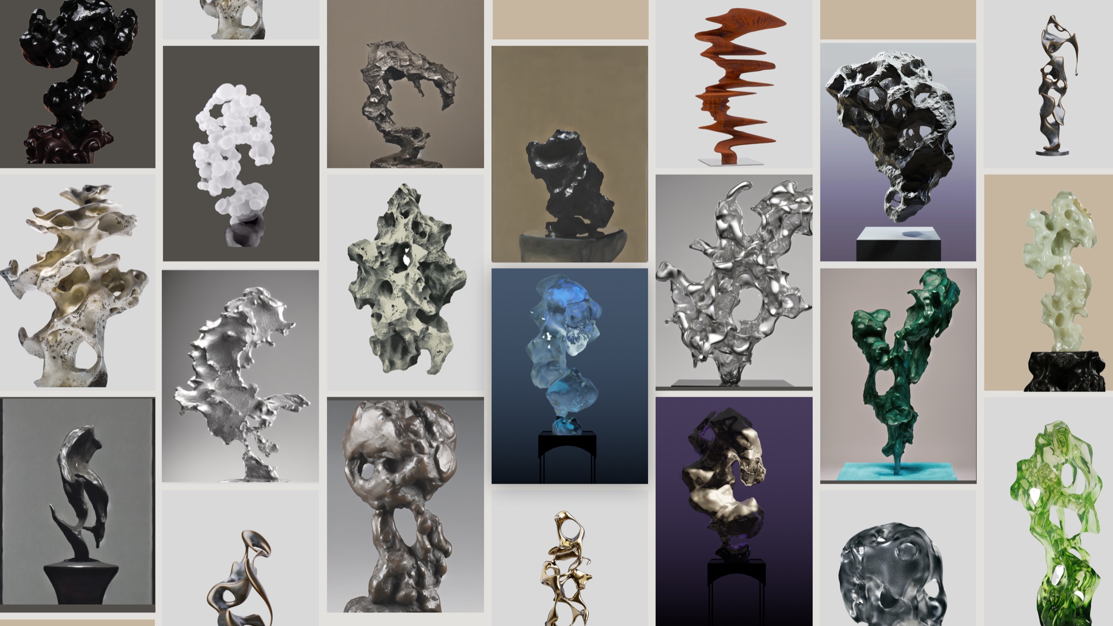 Generated and reconstructed poem-sculpture studies: a visual bank for choosing which forms deserved exhibition treatment.