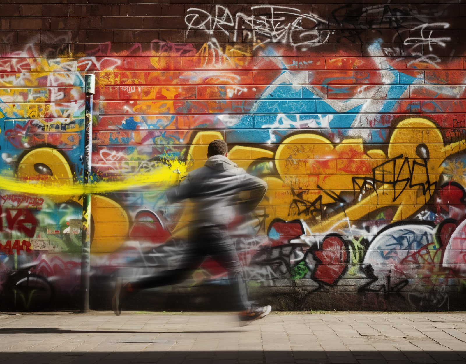 The cultural subject. A runner crosses a Chongqing graffiti wall mid-stride, showing how street art lives in the city even when makers and viewers rarely meet.