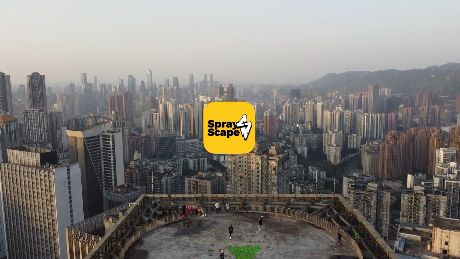 Real-world context. The SprayScape mark over Chongqing shows the platform at city scale, where graffiti, business, and audience already share the same walls.